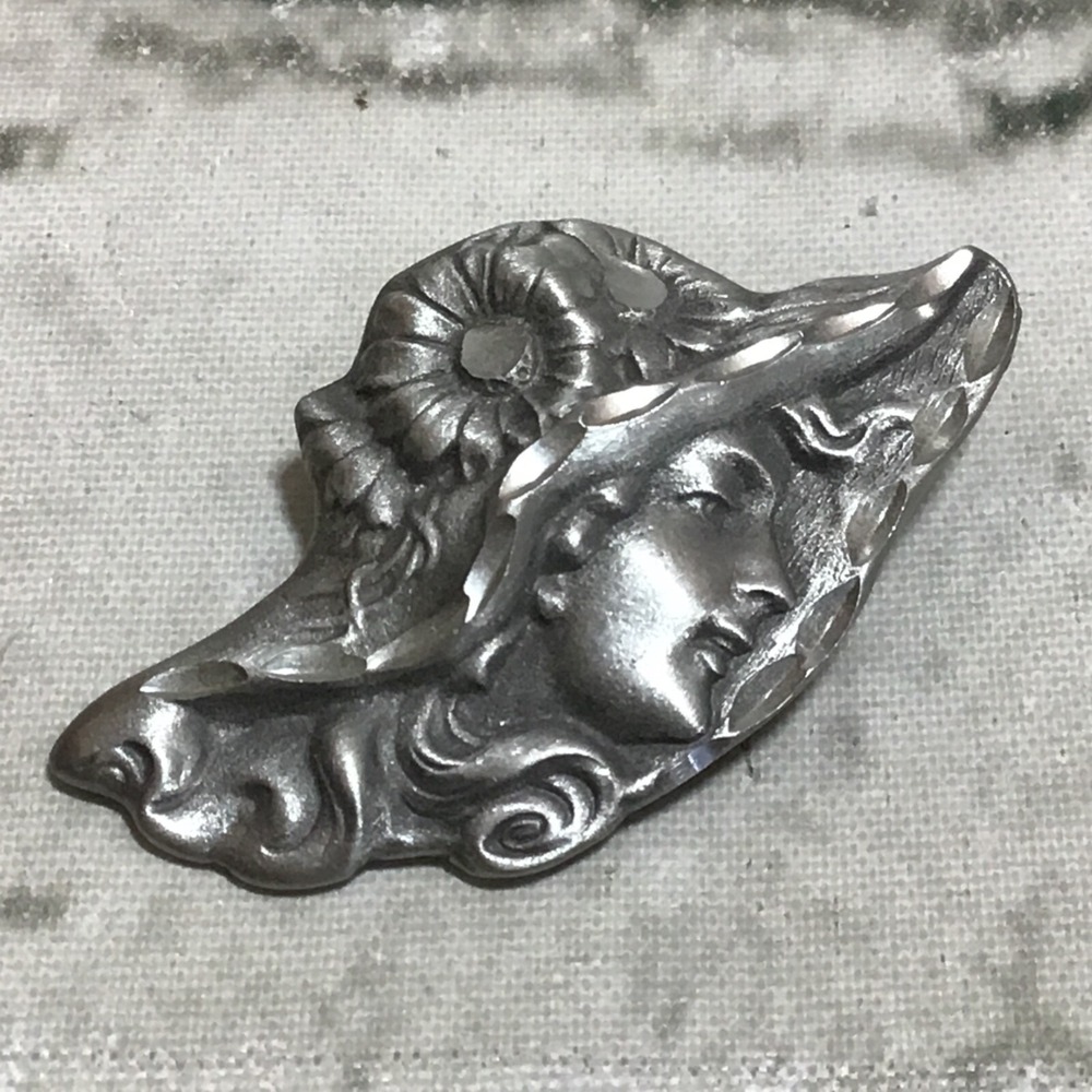 Lapel Pin Brushed Metal Woman In Fancy Hat‎ Long Hair